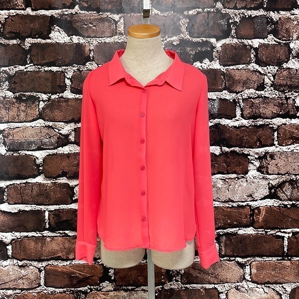 Olive & Oak Coral Pink Shirt Button Front Sheer Size Small